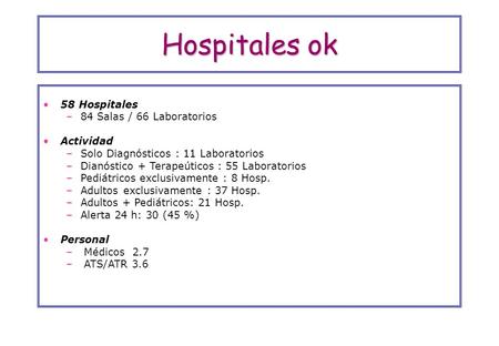 Hospitales ok 58 Hospitales –84 Salas / 66 Laboratorios Actividad –Solo Diagnósticos : 11 Laboratorios –Dianóstico + Terapeúticos : 55 Laboratorios –Pediátricos.