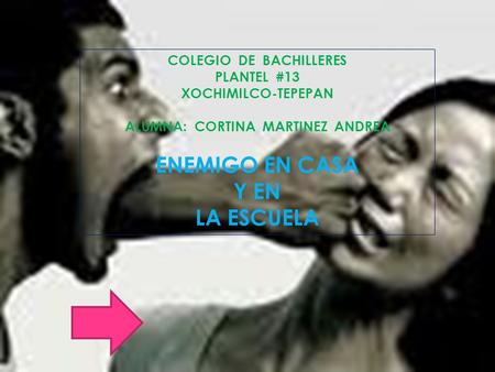 COLEGIO DE BACHILLERES PLANTEL #13 XOCHIMILCO-TEPEPAN ALUMNA: CORTINA MARTINEZ ANDREA ENEMIGO EN CASA Y EN LA ESCUELA.