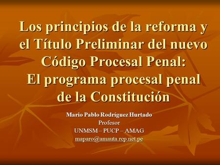 Los principios de la reforma y el Título Preliminar del nuevo Código Procesal Penal: El programa procesal penal de la Constitución Mario Pablo Rodríguez.