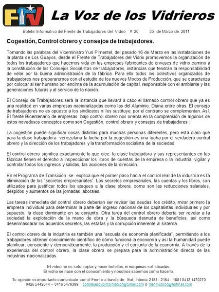 La Voz de los Vidrieros Cogestión, Control obrero y consejos de trabajadores. Tomando las palabras del Viceministro Yuri Pimentel, del pasado 16 de Marzo.