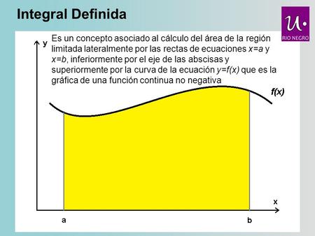 Integral Definida Es un concepto asociado al cálculo del área de la región limitada lateralmente por las rectas de ecuaciones x=a y x=b, inferiormente.