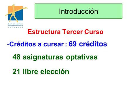 Introducción Estructura Tercer Curso -Créditos a cursar : 69 créditos 48 asignaturas optativas 21 libre elección.
