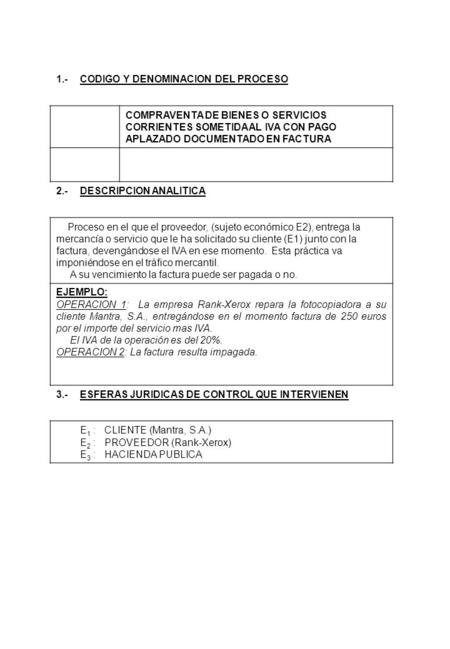 1.-CODIGO Y DENOMINACION DEL PROCESO COMPRAVENTA DE BIENES O SERVICIOS CORRIENTES SOMETIDA AL IVA CON PAGO APLAZADO DOCUMENTADO EN FACTURA 2.-DESCRIPCION.