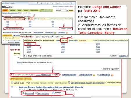 Filtramos Lungs and Cancer por fecha 2010 Obtenemos 1 Documento encontrado 2. Visualizamos las formas de consultar el documento Resumen, Texto Completo,