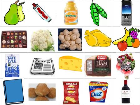 La lista de la compra 1 kilo de patatas Cuatro sellos Un pollo Yoghur de fresa Una lechuga Fruta 200g de jamón 500g de champiñones K. Whitehead 2014.