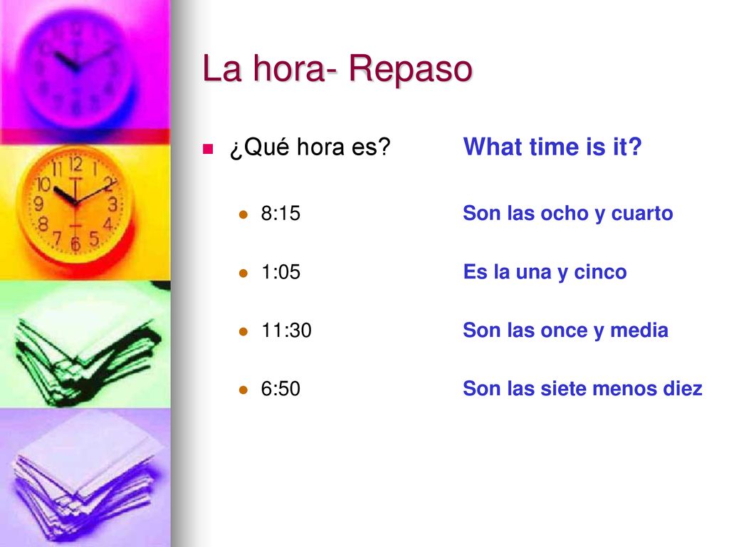 La hora- Repaso ¿Qué hora es? What time is it? 8:15 1:05 11:30 6:50 - ppt  descargar