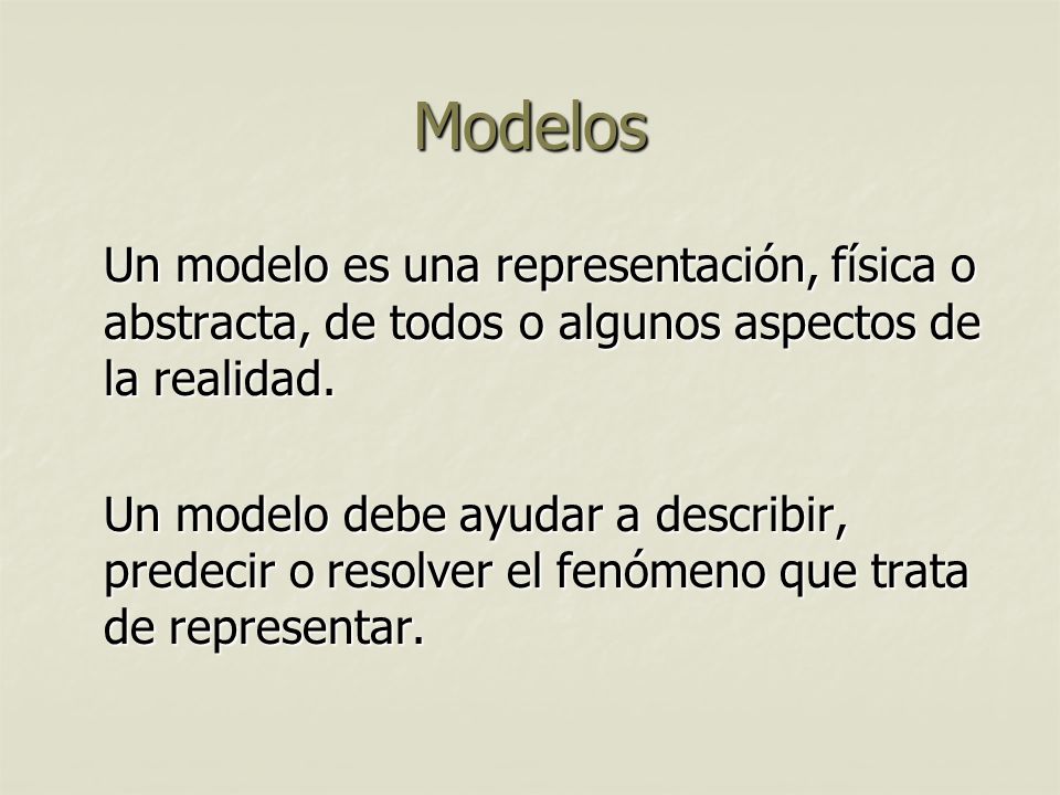 Modelos Un modelo es una representación, física o abstracta, de todos o  algunos aspectos de la realidad. Un modelo debe ayudar a describir,  predecir o. - ppt descargar