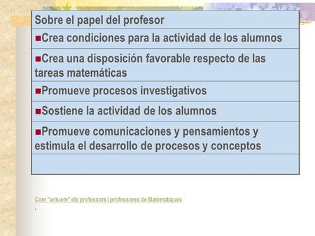 Sobre el papel del profesor Crea condiciones para la actividad de los alumnos Crea una disposición favorable respecto de las tareas matemáticas Promueve.