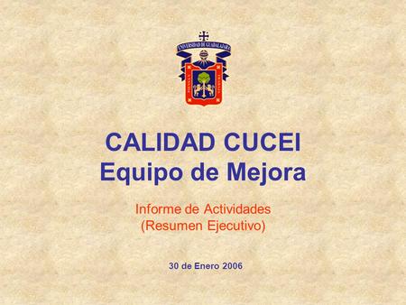 CALIDAD CUCEI Equipo de Mejora Informe de Actividades (Resumen Ejecutivo) 30 de Enero 2006.