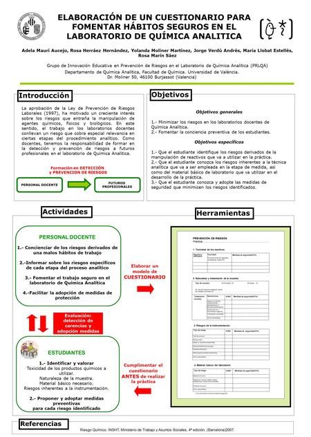 ELABORACIÓN DE UN CUESTIONARIO PARA FOMENTAR HÁBITOS SEGUROS EN EL LABORATORIO DE QUÍMICA ANALITICA Adela Maurí Aucejo, Rosa Herráez Hernández, Yolanda.
