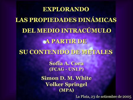 EXPLORANDO LAS PROPIEDADES DINÁMICAS DEL MEDIO INTRACÚMULO DEL MEDIO INTRACÚMULO A PARTIR DE SU CONTENIDO DE METALES Sofía A. Cora (FCAG - UNLP) La Plata,