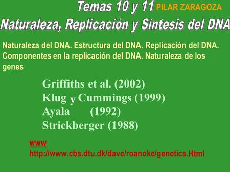 Y Griffiths et al. (2002) Klug Cummings (1999) Ayala(1992) Strickberger (1988) www  Naturaleza del DNA.