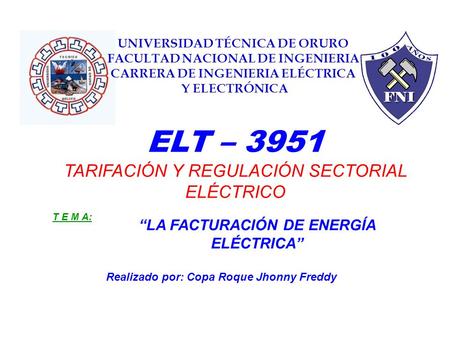 ELT – 3951 TARIFACIÓN Y REGULACIÓN SECTORIAL ELÉCTRICO