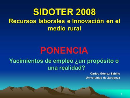 1 SIDOTER 2008 Recursos laborales e Innovación en el medio rural PONENCIA Yacimientos de empleo ¿un propósito o una realidad? Carlos Gómez Bahillo Universidad.