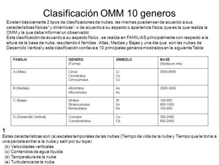 Clasificación OMM 10 generos Existen básicamente 2 tipos de clasificaciones de nubes, las mismas pueden ser de acuerdo a sus características físicas 1.
