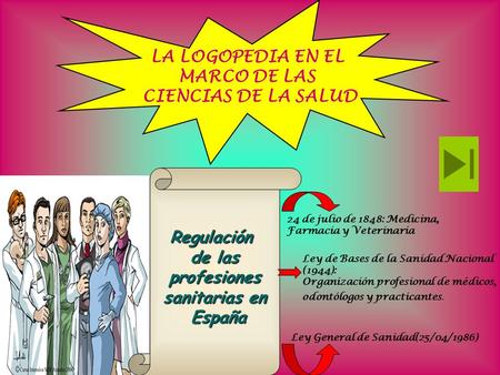 LA LOGOPEDIA EN EL MARCO DE LAS CIENCIAS DE LA SALUD Regulación de las profesiones sanitarias en España 24 de julio de 1848: Medicina, Farmacia y Veterinaria.