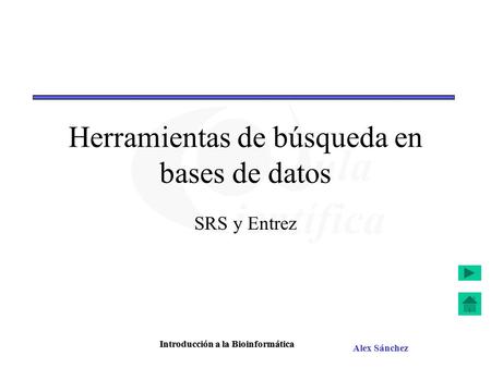 Alex Sánchez Introducción a la Bioinformática Herramientas de búsqueda en bases de datos SRS y Entrez.