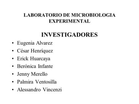 LABORATORIO DE MICROBIOLOGIA EXPERIMENTAL INVESTIGADORES Eugenia Alvarez César Henríquez Erick Huarcaya Berónica Infante Jenny Merello Palmira Ventosilla.