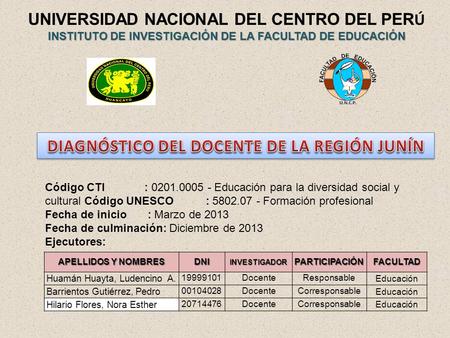 UNIVERSIDAD NACIONAL DEL CENTRO DEL PER Ú INSTITUTO DE INVESTIGACIÓN DE LA FACULTAD DE EDUCACIÓN APELLIDOS Y NOMBRES DNIINVESTIGADORPARTICIPACIÓNFACULTAD.
