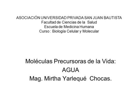 Moléculas Precursoras de la Vida: AGUA Mag. Mirtha Yarlequé Chocas.