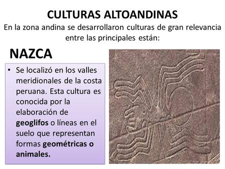 CULTURAS ALTOANDINAS En la zona andina se desarrollaron culturas de gran relevancia entre las principales están: NAZCA Se localizó en los valles meridionales.