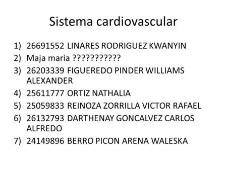 Sistema cardiovascular 1)26691552 LINARES RODRIGUEZ KWANYIN 2)Maja maria ??????????? 3)26203339 FIGUEREDO PINDER WILLIAMS ALEXANDER 4)25611777 ORTIZ NATHALIA.