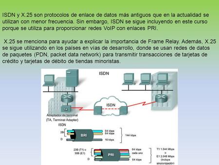 ISDN y X.25 son protocolos de enlace de datos más antiguos que en la actualidad se utilizan con menor frecuencia. Sin embargo, ISDN se sigue incluyendo.