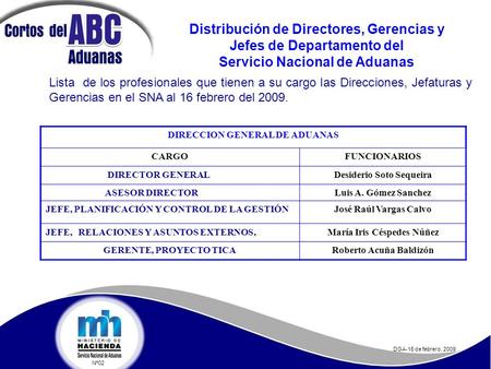 Distribución de Directores, Gerencias y Jefes de Departamento del Servicio Nacional de Aduanas DIRECCION GENERAL DE ADUANAS CARGOFUNCIONARIOS DIRECTOR.
