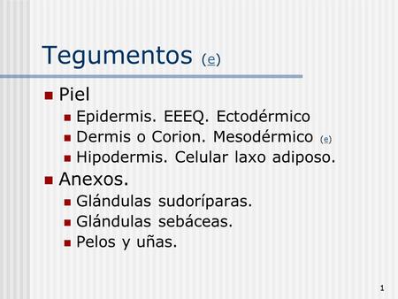 Tegumentos (e) Piel Anexos. Epidermis. EEEQ. Ectodérmico