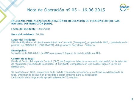 0 INCIDENTE POR INCENDIO EN ESTACIÓN DE REGULACIÓN DE PRESIÓN (ERP) DE GAS NATURAL DISTRIBUCIÓN (GND). Fecha del incidente: 14/06/2015 Hora del incidente: