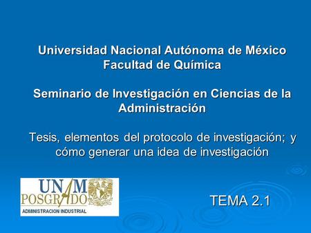 Universidad Nacional Autónoma de México Facultad de Química Seminario de Investigación en Ciencias de la Administración Tesis, elementos del protocolo.