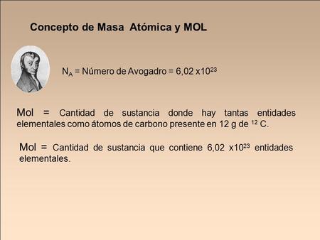 Concepto de Masa Atómica y MOL N A = Número de Avogadro = 6,02 x10 23 Mol = Cantidad de sustancia donde hay tantas entidades elementales como átomos de.