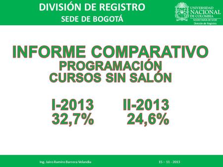 DIVISIÓN DE REGISTRO SEDE DE BOGOTÁ SECRETARÍA DE SEDE División de Registro Ing. Jairo Ramiro Barrera Velandia 15 – 11 - 2013.