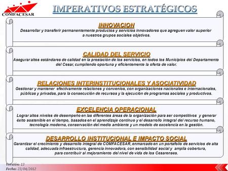 Versión: 13 Fecha: 23/04/2012 INNOVACION Desarrollar y transferir permanentemente productos y servicios innovadores que agreguen valor superior a nuestros.