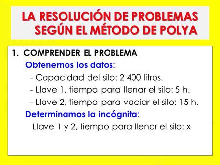 1. COMPRENDER EL PROBLEMA Obtenemos los datos : - Capacidad del silo: 2 400 litros. - Llave 1, tiempo para llenar el silo: 5 h. - Llave 2, tiempo para.