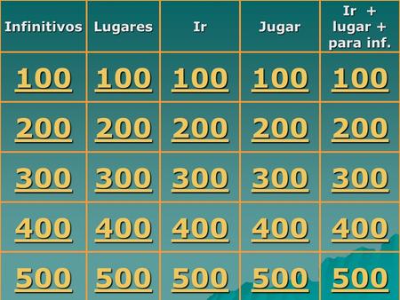 InfinitivosLugaresIrJugar Ir + lugar + para inf. 100 200 300 400 500.
