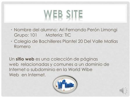 Nombre del alumno: Ari Fernando Perón Limongi Grupo: 101 Materia: TIC Colegio de Bachilleres Plantel 20 Del Valle Matías Romero Un sitio web es una colección.