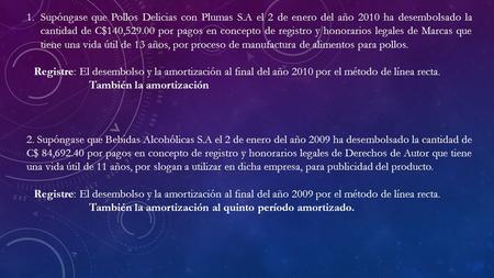 1.Supóngase que Pollos Delicias con Plumas S.A el 2 de enero del año 2010 ha desembolsado la cantidad de C$140,529.00 por pagos en concepto de registro.