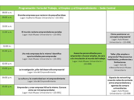 Programación Feria del Trabajo, el Empleo y el Emprendimiento – Sede Central 08:00 a.m. Grandes empresas que nacieron de pequeñas ideas Lugar: Auditorio.