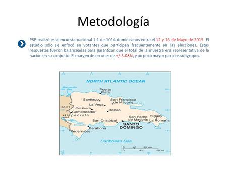 Metodología PSB realizó esta encuesta nacional 1:1 de 1014 dominicanos entre el 12 y 16 de Mayo de 2015. El estudio sólo se enfocó en votantes que participan.
