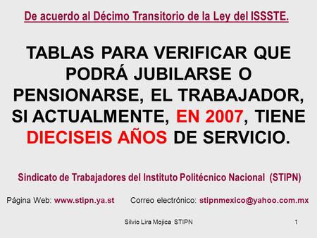 Silvio Lira Mojica STIPN1 TABLAS PARA VERIFICAR QUE PODRÁ JUBILARSE O PENSIONARSE, EL TRABAJADOR, SI ACTUALMENTE, EN 2007, TIENE DIECISEIS AÑOS DE SERVICIO.