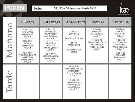 1º MKTF 18:30-20:00 MATEMÁTICASFIN Luís Álvarez Aula 7 20:00-22:00 MICROECONOMÍA Carmen Gª-Baquero Aula 7 17:00-18:30 PORTUGUÉS Eva Marques Aula 7 DEL.