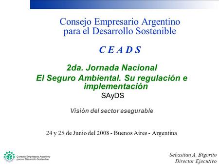 Consejo Empresario Argentino para el Desarrollo Sostenible C E A D S 2da. Jornada Nacional El Seguro Ambiental. Su regulación e implementación SAyDS Visión.