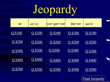 Jeopardy -ar -er/-ir -car/-gar/-zar dar/ver ser/ir Q $100 Q $200 Q $300 Q $400 Q $500 Q $100 Q $200 Q $300 Q $400 Q $500 Final Jeopardy.