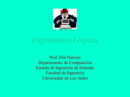 Expresiones Lógicas Prof. Flor Narciso Departamento de Computación Escuela de Ingeniería de Sistemas Facultad de Ingeniería Universidad de Los Andes.
