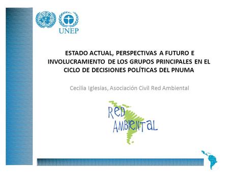 ESTADO ACTUAL, PERSPECTIVAS A FUTURO E INVOLUCRAMIENTO DE LOS GRUPOS PRINCIPALES EN EL CICLO DE DECISIONES POLÍTICAS DEL PNUMA Cecilia Iglesias, Asociación.