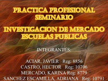INTEGRANTES: ACIAR, JAVIER Reg: 8856 CASTRO, HECTOR Reg: 10706 MERCADO, KARINA Reg: 8779 SANCHEZ ESCAMILLA, ADRIANA Reg: 10791.