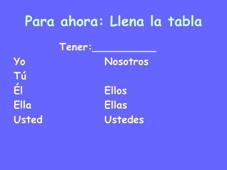 Para ahora: Llena la tabla Tener:__________ YoNosotros Tú ÉlEllos EllaEllas UstedUstedes.