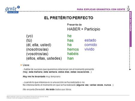 - hablar de sucesos que queremos relacionar con el momento presente (hoy, esta mañana, esta semana, estos días, estas vacaciones...). EL PRETÉRITO PERFECTO.