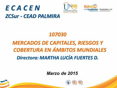 E C A C E N ZCSur - CEAD PALMIRA Marzo de 2015. TUTORIA VIRTUAL Proyectos FASE: 1 MERCADOS DE CAPITALES AGENDA 1. Saludo 2. Unidad 1 3.Proyecto Fase 1.